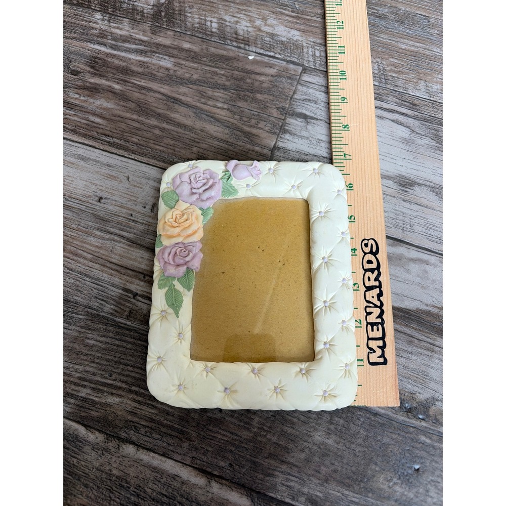 Vintage Tufted Rose Picture Frame Cream Quilted Resin Floral wedding 3d 4.5x6 - Picture 3 of 4